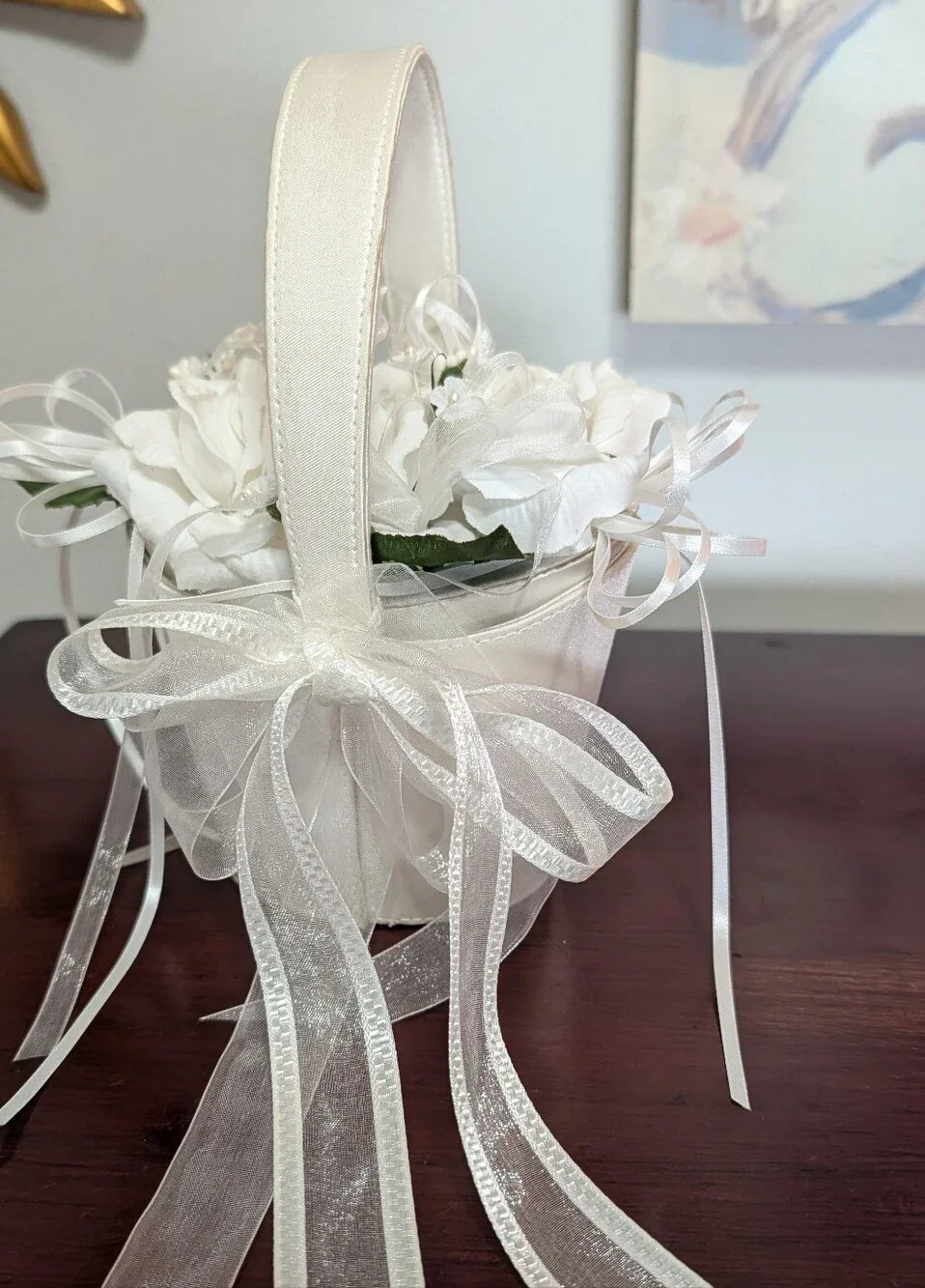 Flower Girl Bridal Basket Silky Rose Ribbons Two Piece Zipper Satin By Sasha NY
